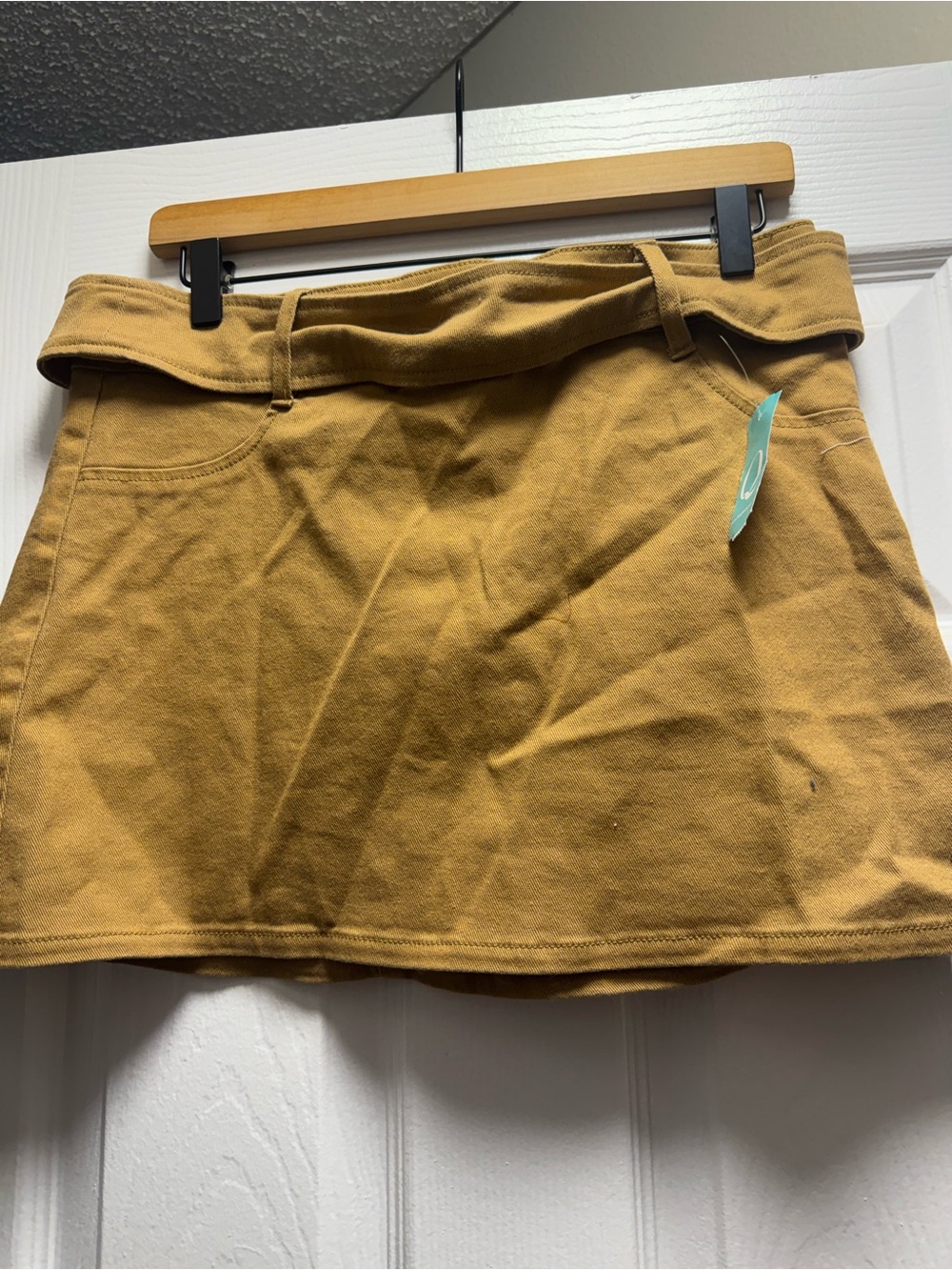 Mustard Mini Skirt with Belt Loops - Women's Casual Skirt